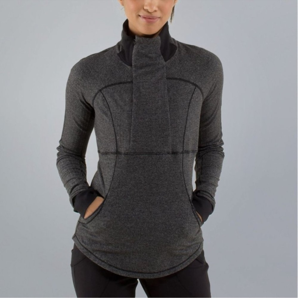 Lululemon Base Runner 1/2 Zip Heathered Herringbone Heathered Black 6